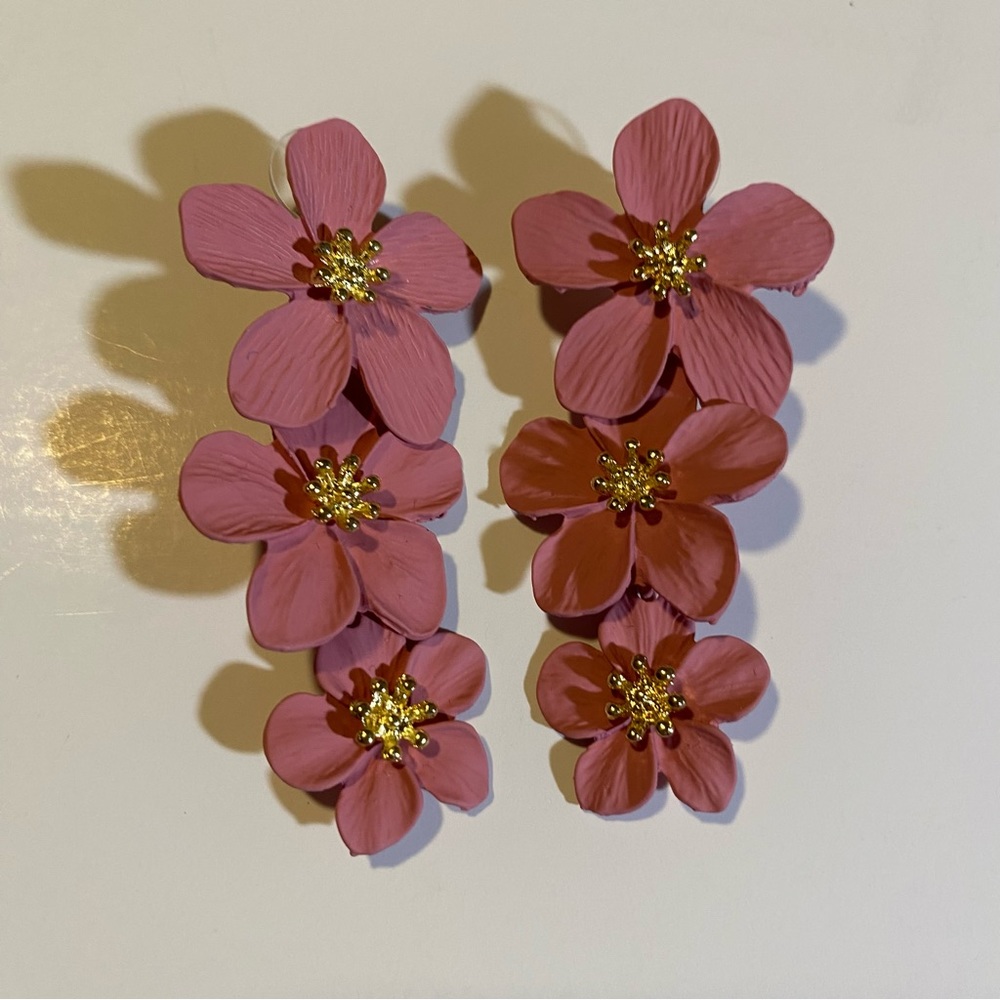 Shashi Botanique styled earrings in dusty rose with bright gold center, 3” long